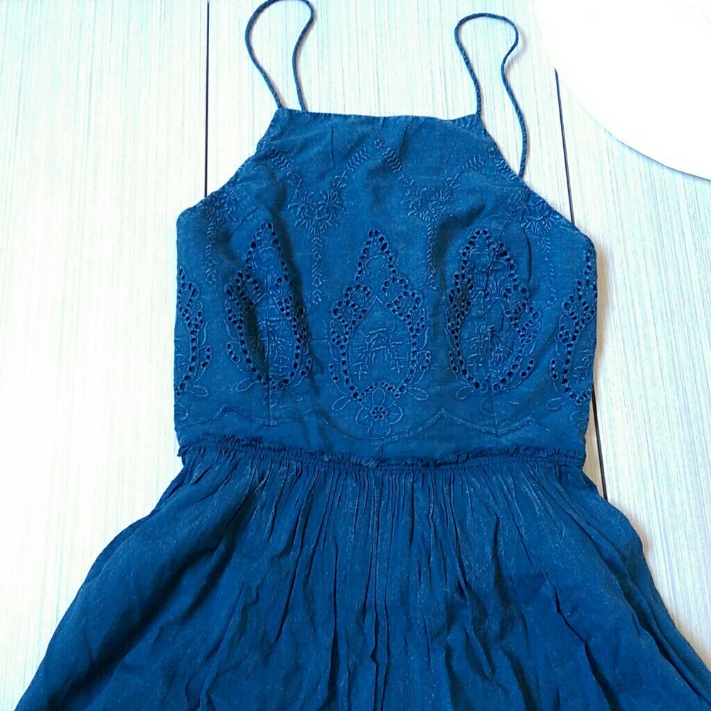 Lucky Brand embroidered bib dress denim blue